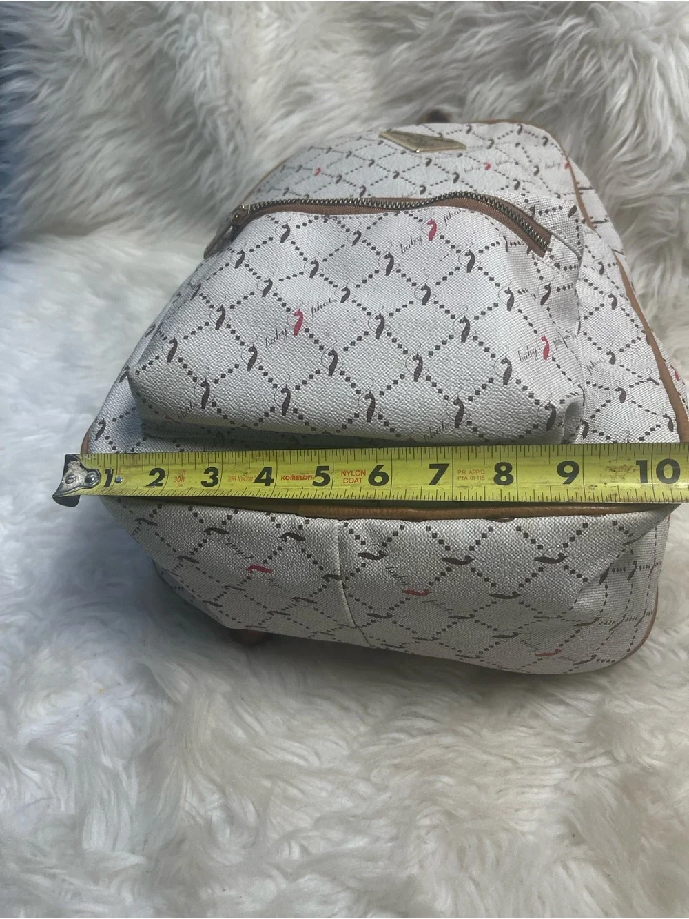 Babyphat synthetic Beige Patterned Backpack with Brown Trim gold accent